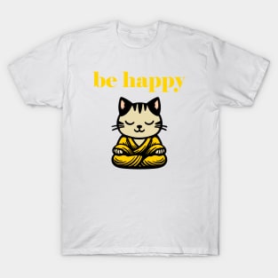 Cute Be Happy Meditating Cartoon Monk Cat T-Shirt